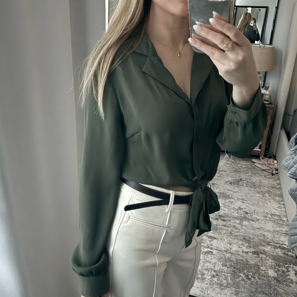 Elegant Army Olive Green Women's Front Tie Button Down Work Blouse - Picture 3 of 5